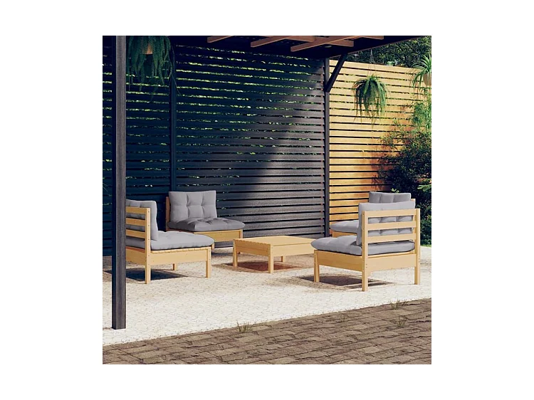 Salon de jardin 5 pcs avec coussins gris bois de pin