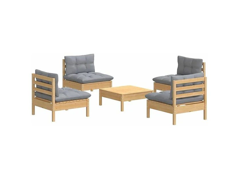 Salon de jardin 5 pcs avec coussins gris bois de pin
