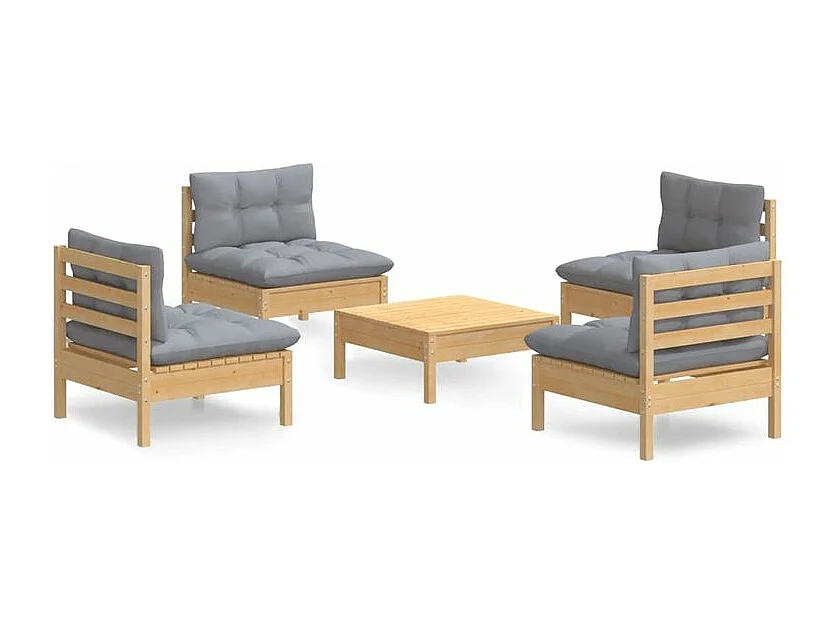 Salon de jardin 5 pcs avec coussins gris bois de pin