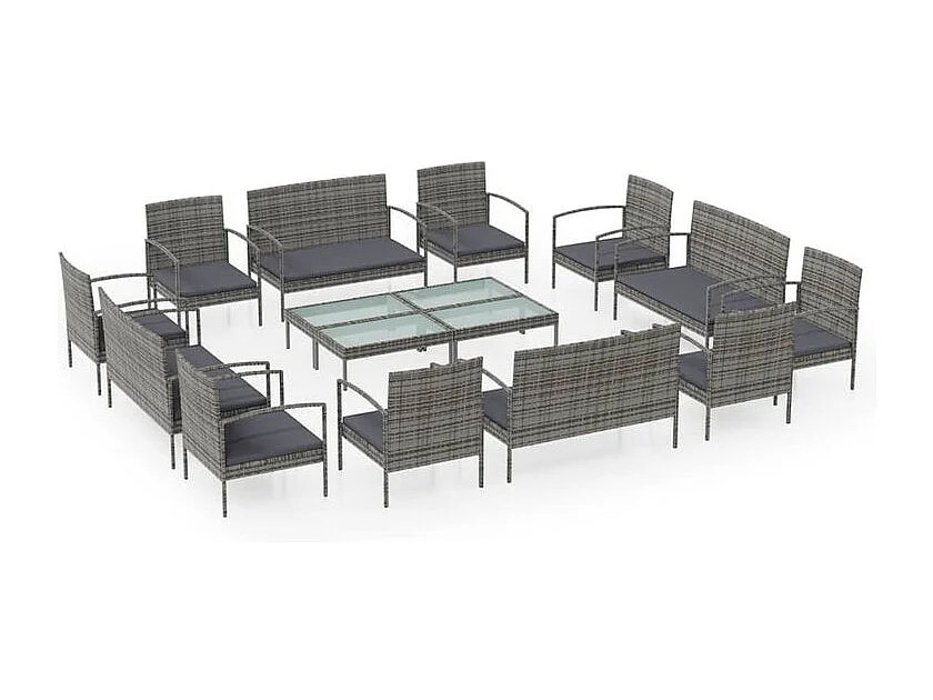 Salon de jardin 16 pcs avec coussins Résine tressée Gris