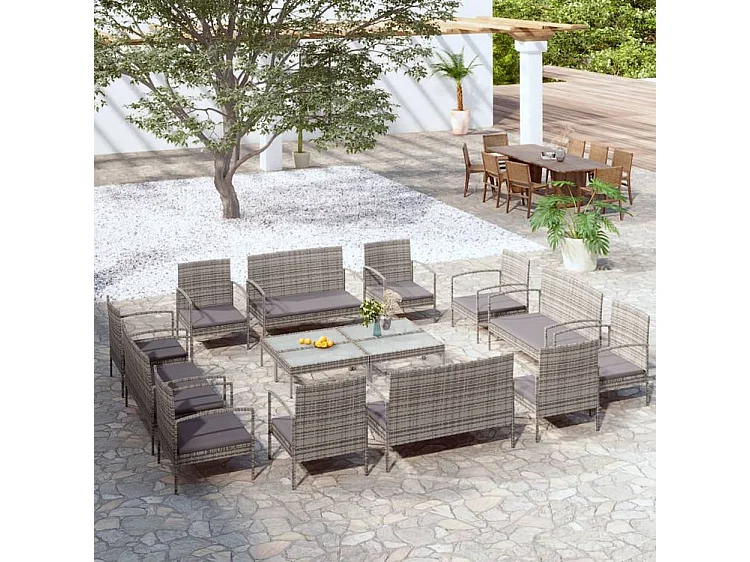 Salon de jardin 16 pcs avec coussins Résine tressée Gris