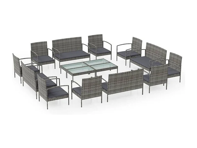 Salon de jardin 16 pcs avec coussins Résine tressée Gris