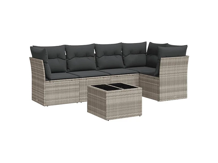 Salon de jardin 6 pcs avec coussins gris clair résine tressée