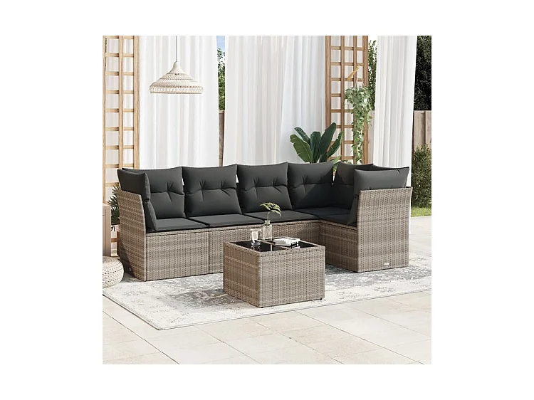 Salon de jardin 6 pcs avec coussins gris clair résine tressée