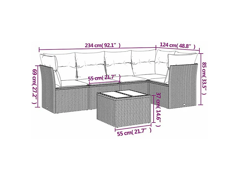 Salon de jardin 6 pcs avec coussins gris clair résine tressée