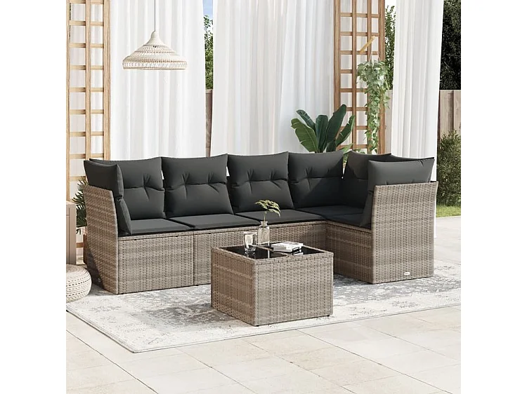 Salon de jardin 6 pcs avec coussins gris clair résine tressée