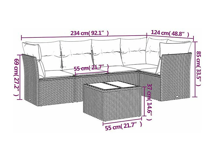 Salon de jardin 6 pcs avec coussins gris clair résine tressée