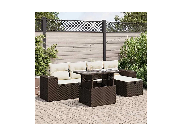 Salon de jardin avec coussins 6 pcs marron résine tressée