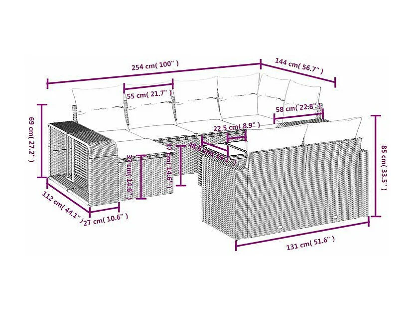 Salon de jardin et coussins 11 pcs marron résine tressée
