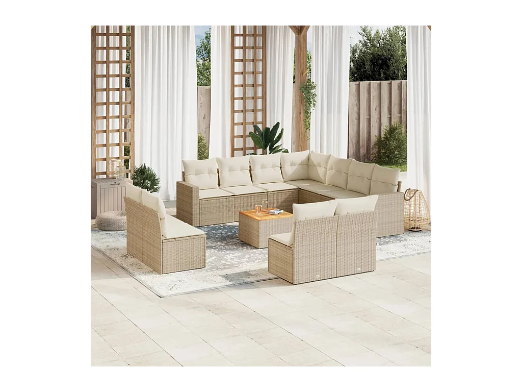 Salon de jardin avec coussins 12 pcs beige résine tressée