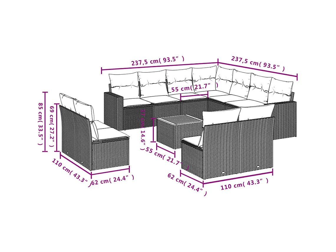 Salon de jardin avec coussins 12 pcs beige résine tressée