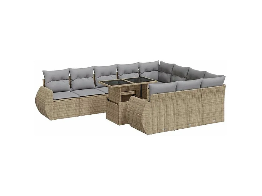 Salon de jardin 11 pcs avec coussins beige résine tressée