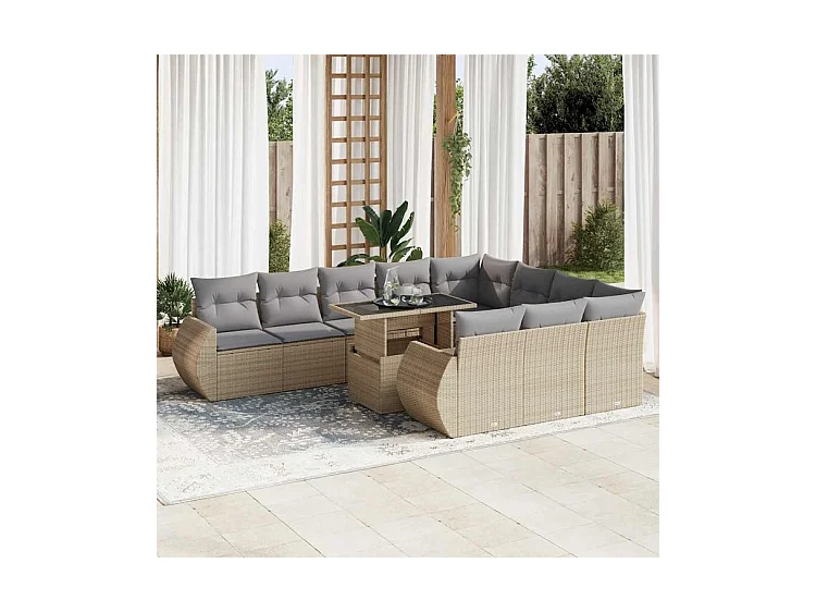 Salon de jardin 11 pcs avec coussins beige résine tressée