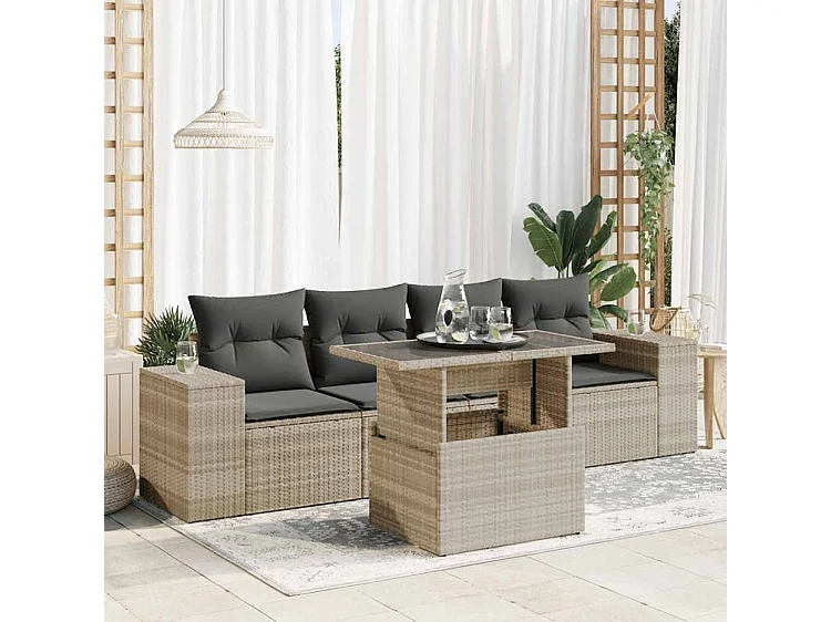 Set de sofás jardín y cojines 5 pzas ratán sintético gris claro