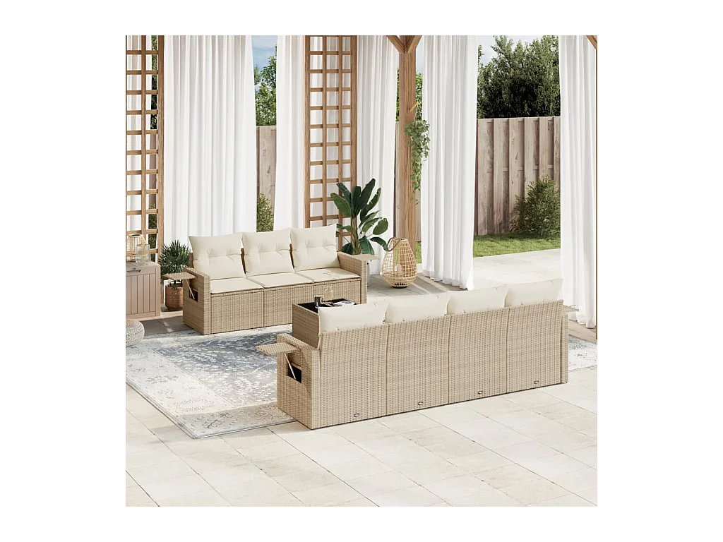 Salon de jardin avec coussins 8 pcs beige résine tressée
