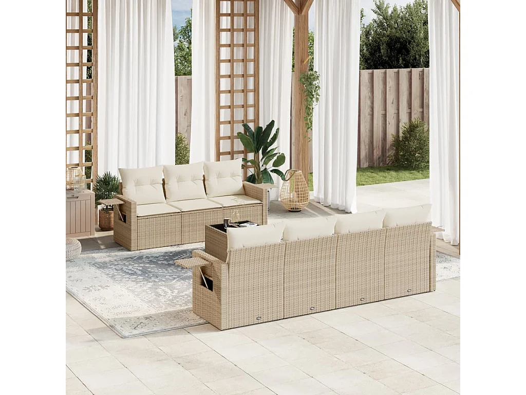 Salon de jardin avec coussins 8 pcs beige résine tressée