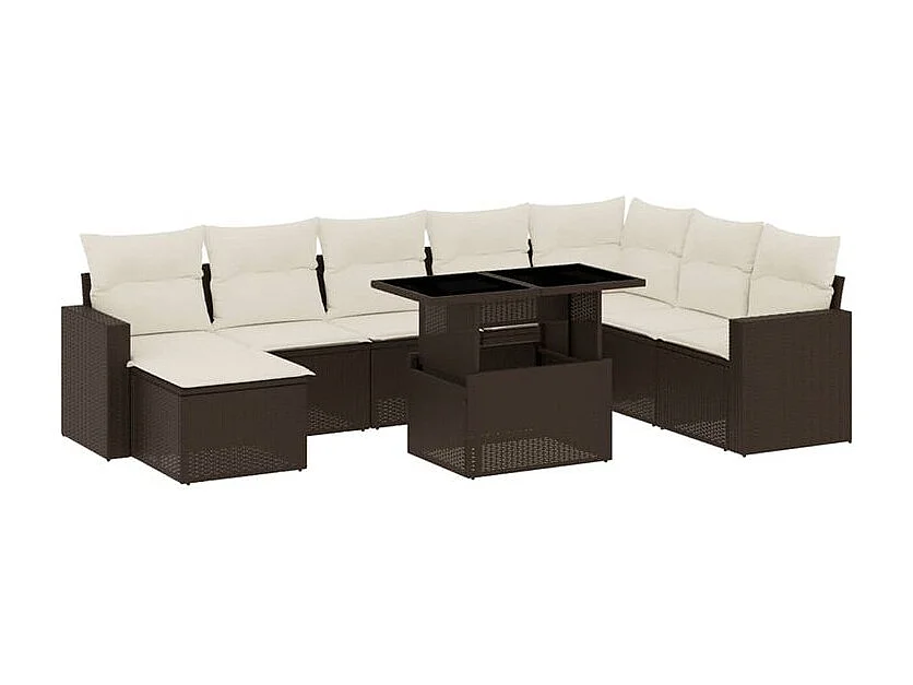 Salon de jardin avec coussins 9 pcs marron résine tressée