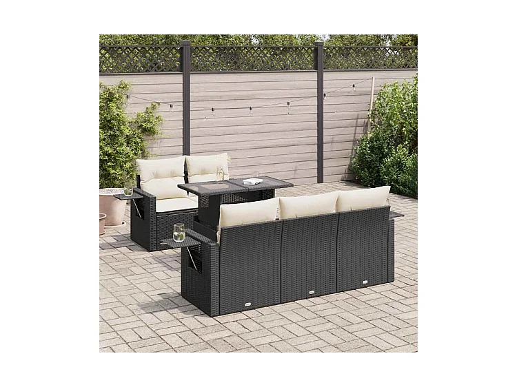Salon de jardin 6 pcs avec coussins noir résine tressée