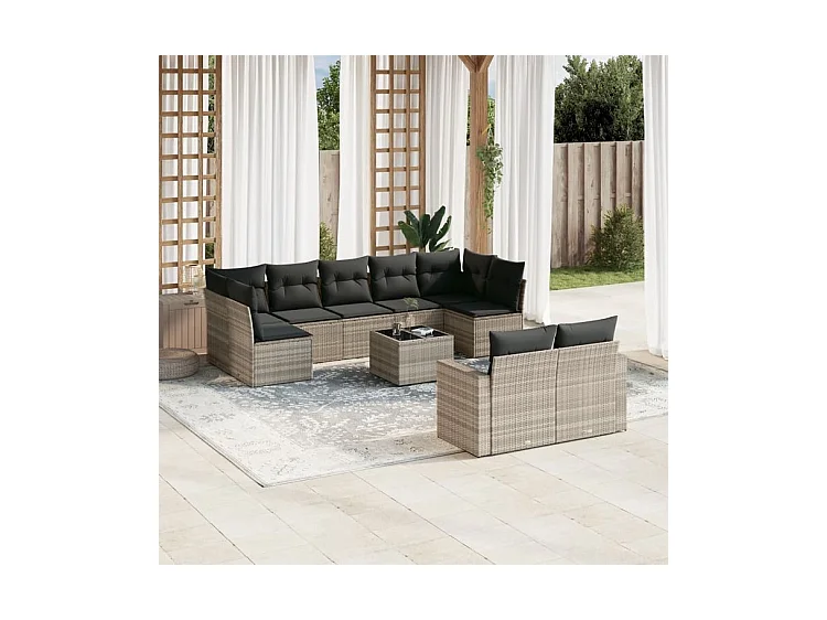 Salon de jardin avec coussins 10 pcs gris clair résine tressée