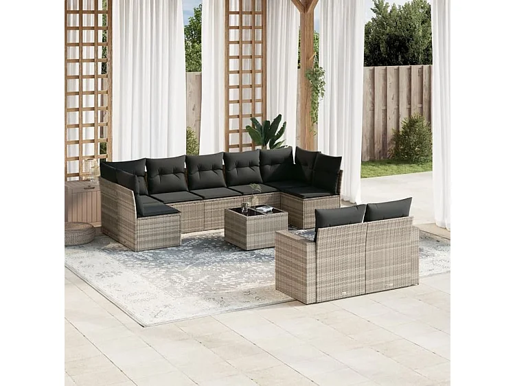 Salon de jardin avec coussins 10 pcs gris clair résine tressée