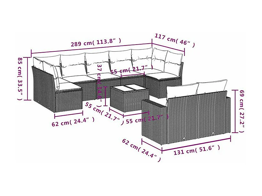 Salon de jardin avec coussins 10 pcs gris clair résine tressée