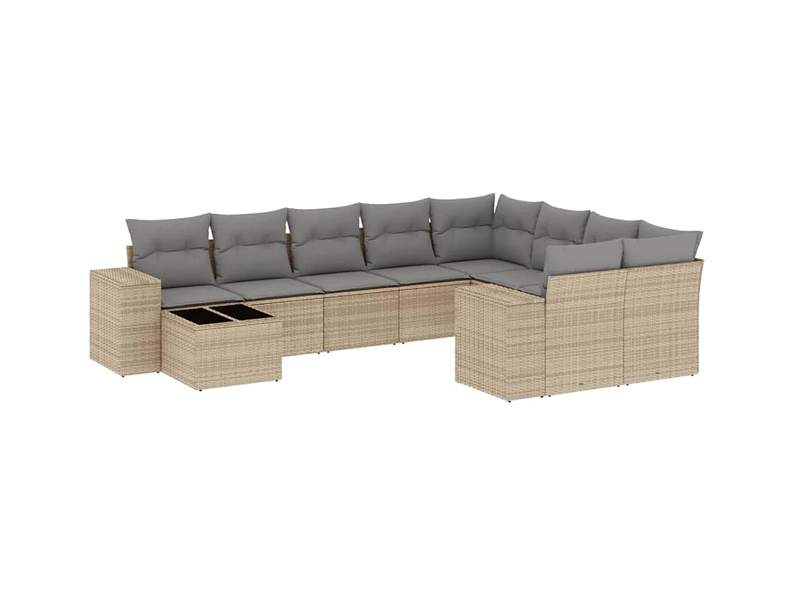 Salon de jardin avec coussins 10 pcs beige résine tressée