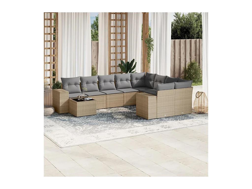 Salon de jardin avec coussins 10 pcs beige résine tressée