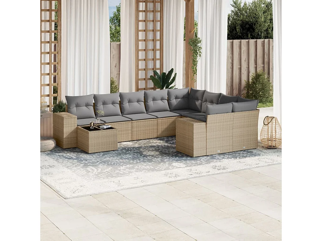 Salon de jardin avec coussins 10 pcs beige résine tressée