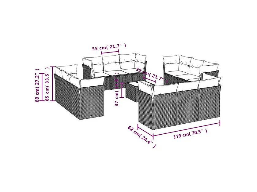 Salon de jardin avec coussins 13 pcs marron résine tressée