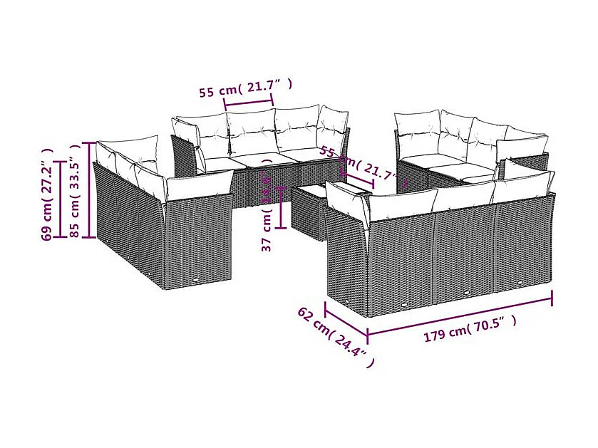 Salon de jardin avec coussins 13 pcs marron résine tressée