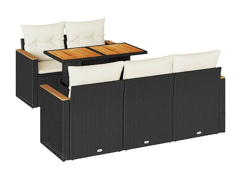 Salon de jardin 6 pcs avec coussins noir résine tressée acacia