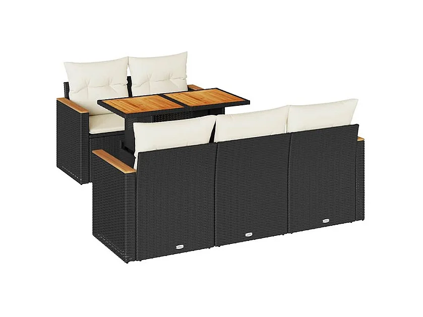 Salon de jardin 6 pcs avec coussins noir résine tressée acacia