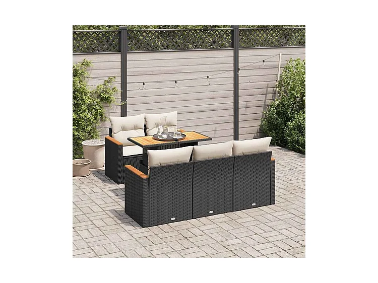 Salon de jardin 6 pcs avec coussins noir résine tressée acacia