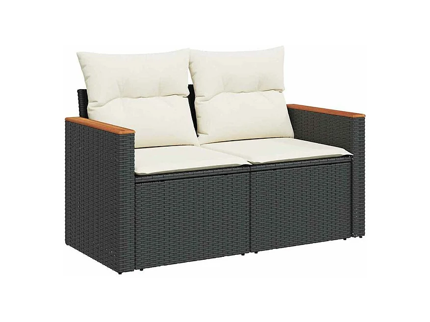 Salon de jardin 6 pcs avec coussins noir résine tressée acacia