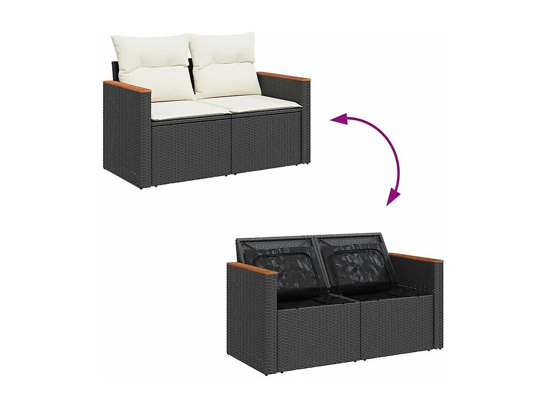 Salon de jardin 6 pcs avec coussins noir résine tressée acacia