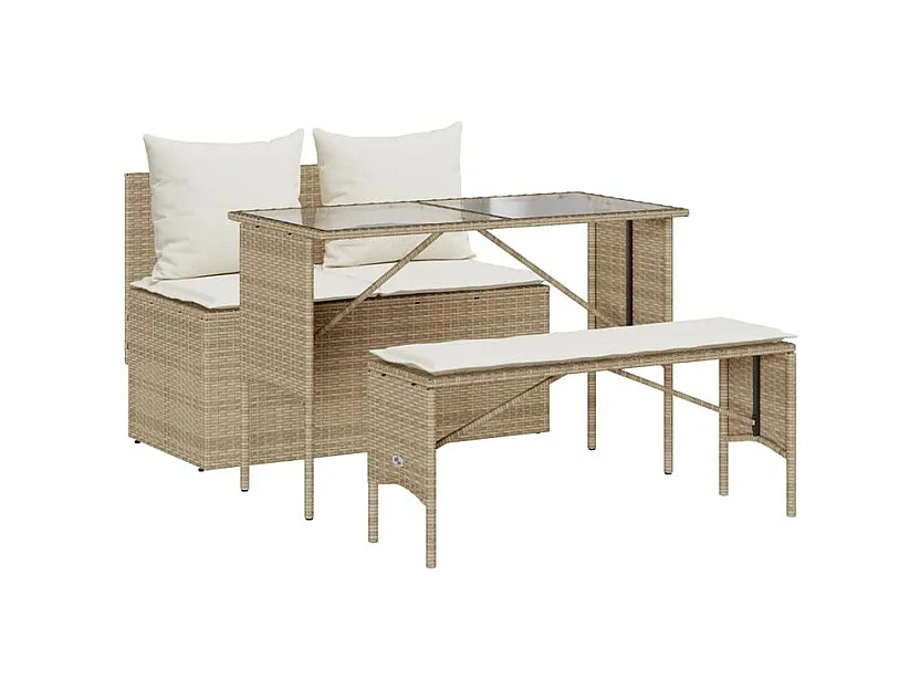 Ensemble à manger de jardin et coussins 3 pcs Beige poly rotin