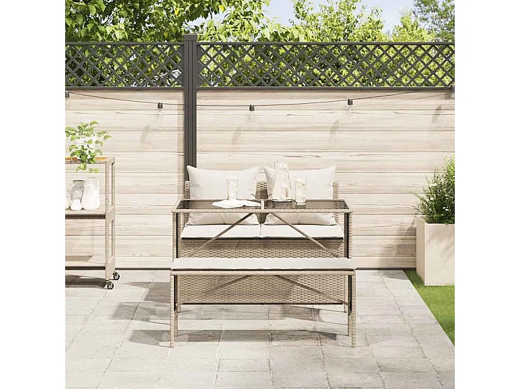 Ensemble à manger de jardin et coussins 3 pcs Beige poly rotin