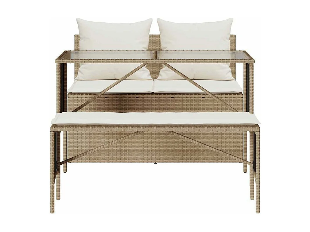 Ensemble à manger de jardin et coussins 3 pcs Beige poly rotin