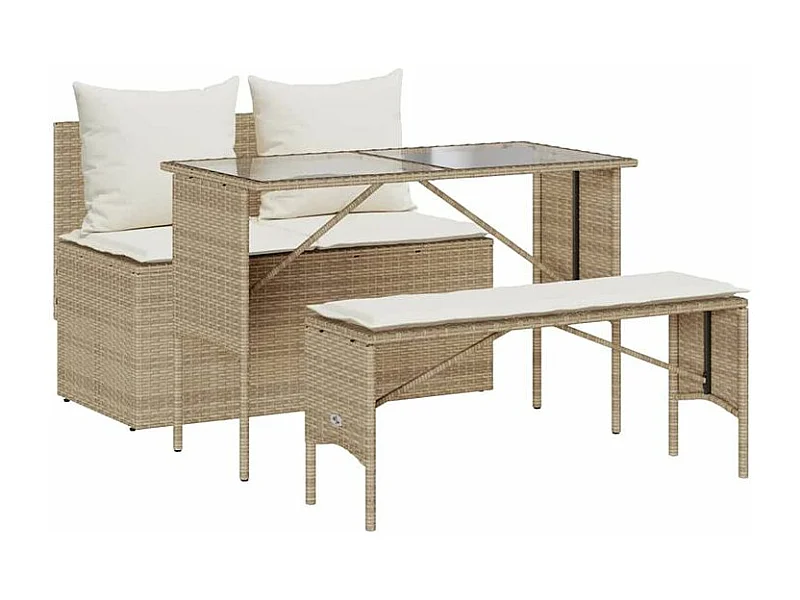 Ensemble à manger de jardin et coussins 3 pcs Beige poly rotin