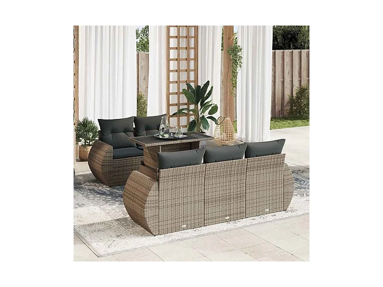 Salon de jardin 6 pcs avec coussins gris résine tressée