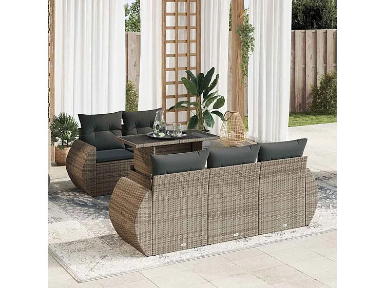 Salon de jardin 6 pcs avec coussins gris résine tressée