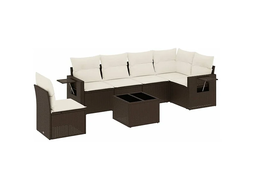 Salon de jardin avec coussins 7 pcs marron résine tressée