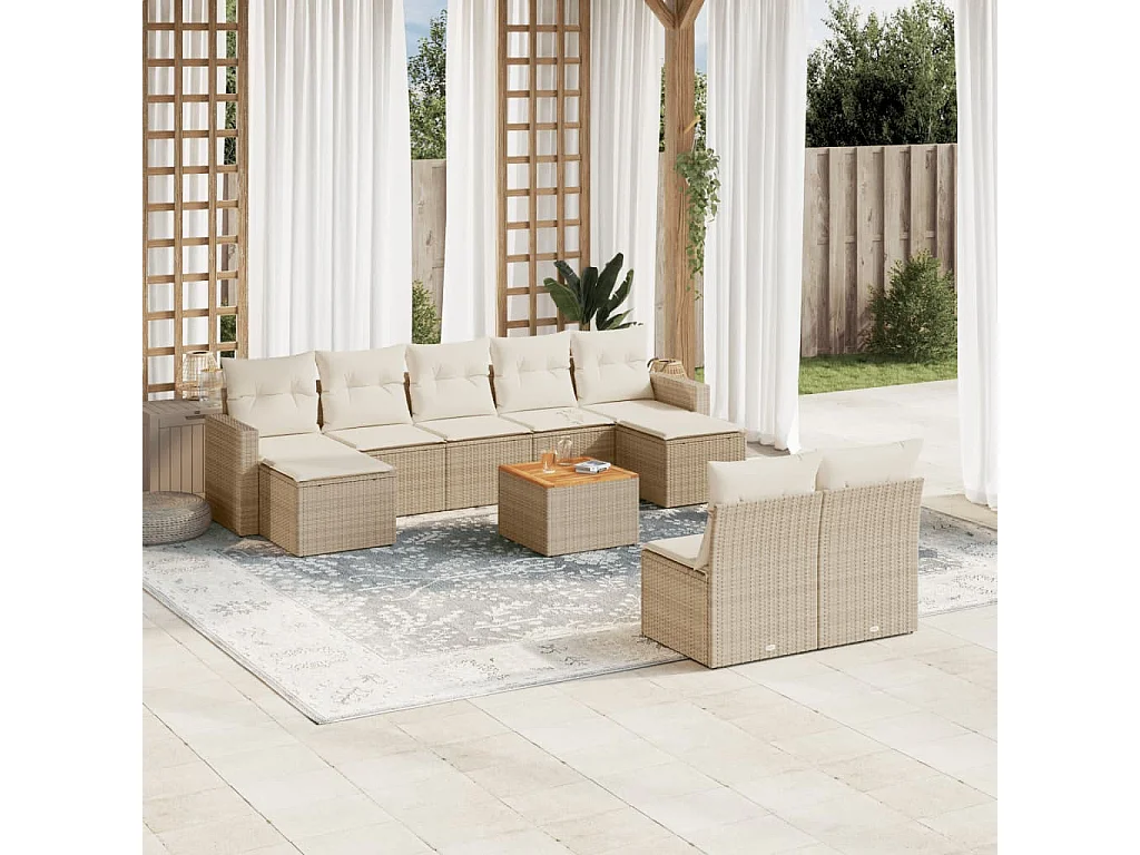 Salon de jardin avec coussins 10 pcs beige résine tressée