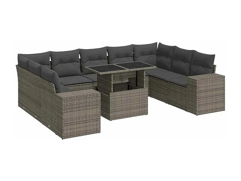 Salon de jardin avec coussins 10 pcs gris résine tressée
