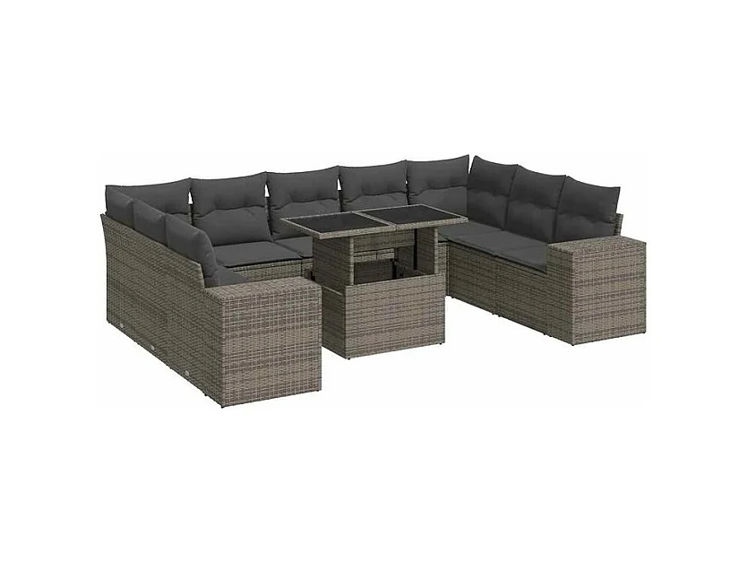 Salon de jardin avec coussins 10 pcs gris résine tressée