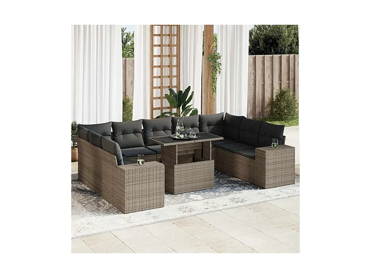 Salon de jardin avec coussins 10 pcs gris résine tressée