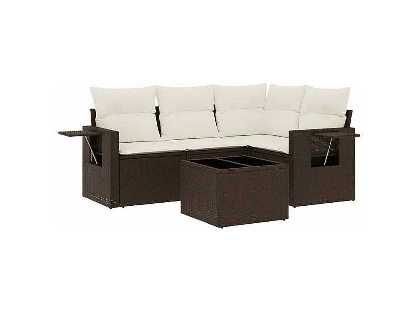 Salon de jardin avec coussins 5 pcs marron résine tressée