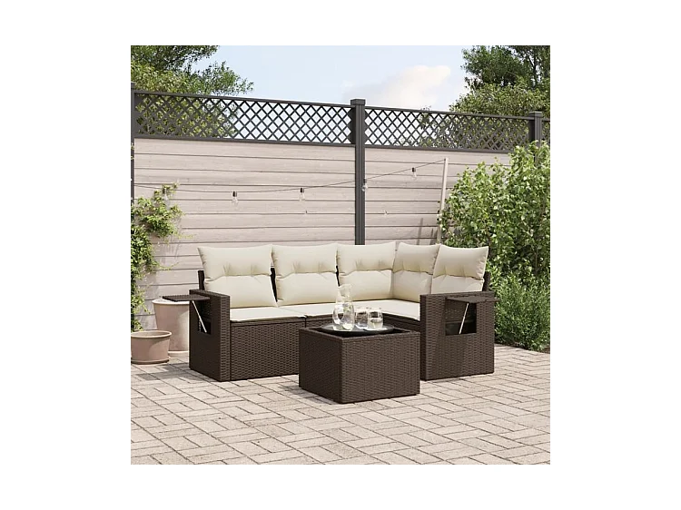 Salon de jardin avec coussins 5 pcs marron résine tressée