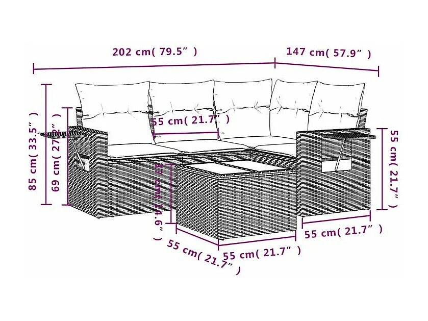 Salon de jardin avec coussins 5 pcs marron résine tressée