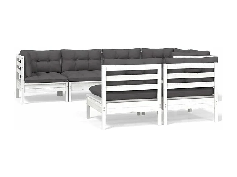 Salon de jardin 7 pcs avec coussins Blanc Bois de pin massif